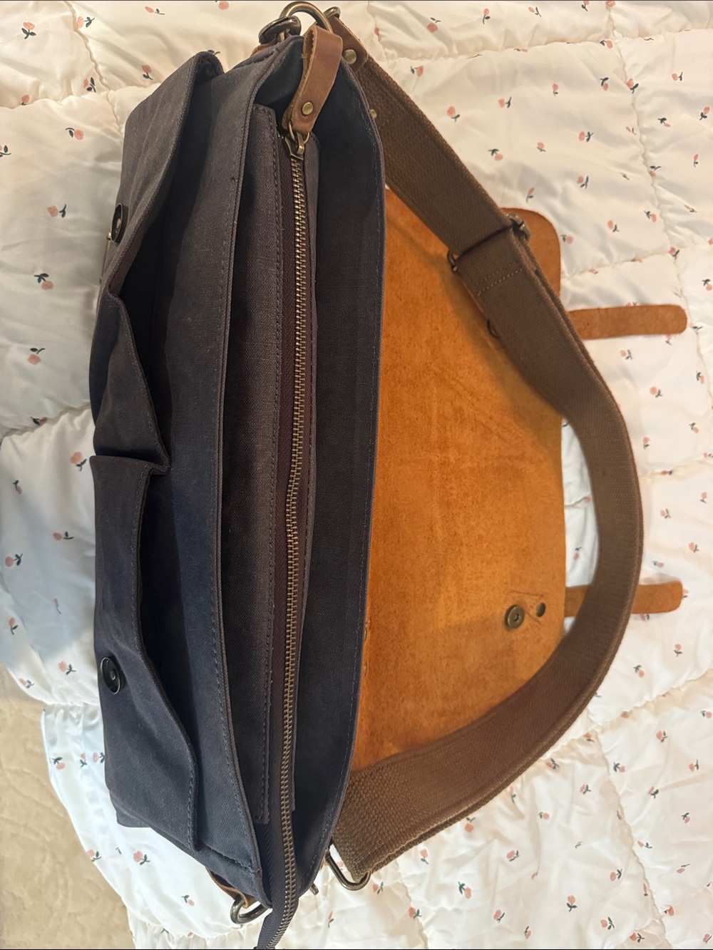 Canvas Messenger Bag with Leather Flap and trim- Brown and Charcoal - Picture 4 of 6